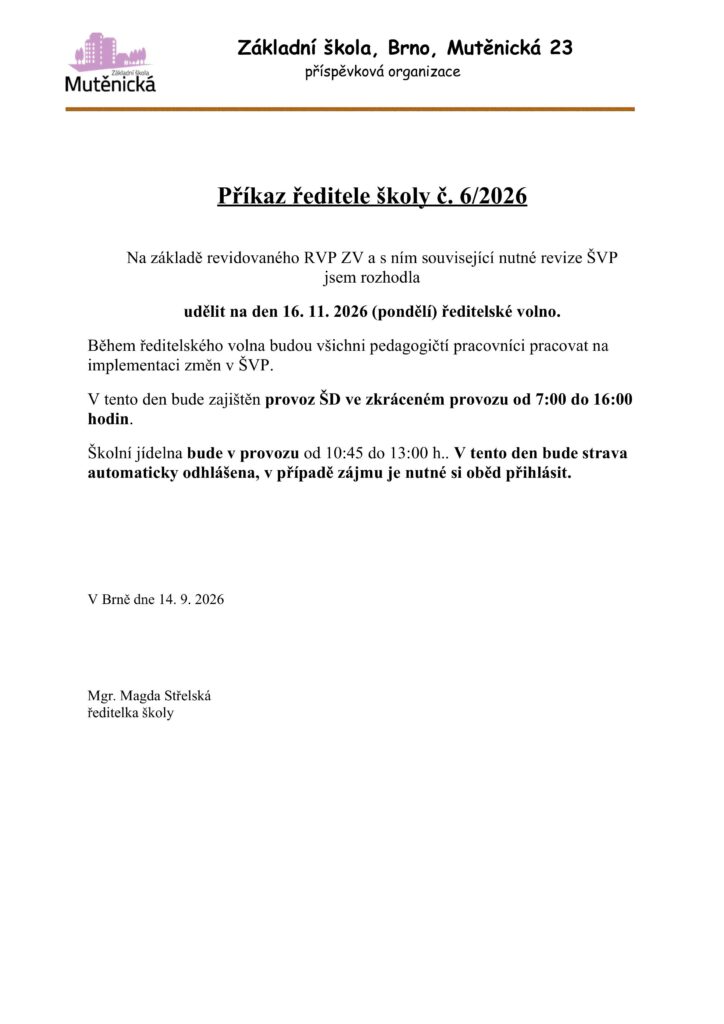 Ředitelské volno – 16. 11. 2026